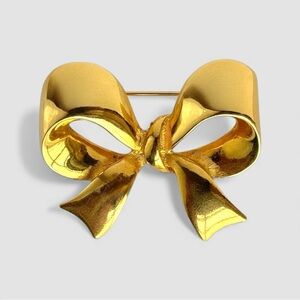 Vintage Large Gold Tone Bow Brooch - Holiday Classic Ribbon Christmas Bow Pin